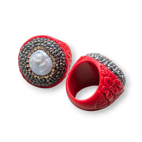 Resin Ring With 30mm Marcasite Rhinestones And Red Baroque Pearls