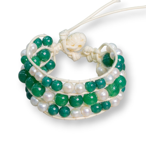 Braided Bracelet of Semiprecious Stones and River Pearls with 3 Rows Green Agate