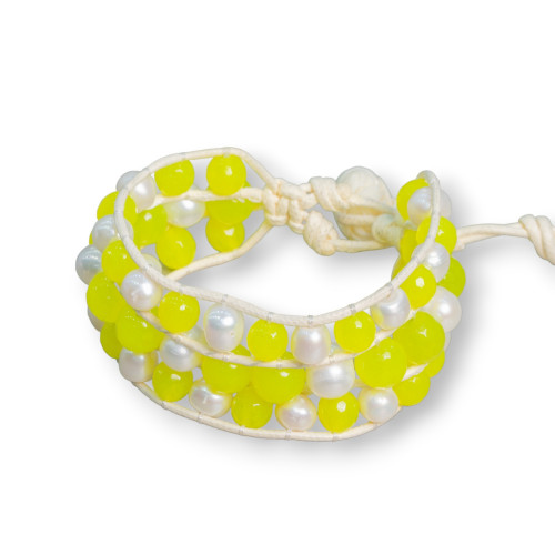 Braided Bracelet of Semiprecious Stones and River Pearls with 3 Rows Jade Fluo Yellow