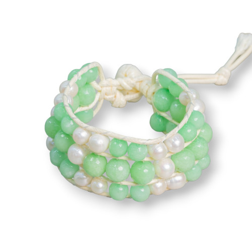 Braided Bracelet of Semi-precious Stones and River Pearls with 3 Rows in Chryso Green Jade