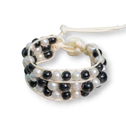 Onyx 3-Row Braided Bracelet of Semi-precious Stones and River Pearls