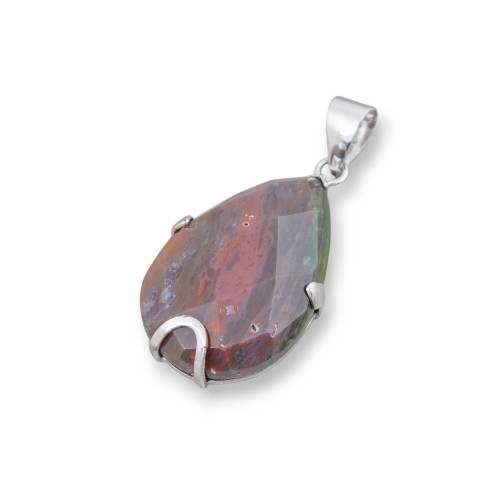 Pendant of 925 Silver and Semi-precious Stones Faceted Flat Drop 20x30mm - Indian Agate