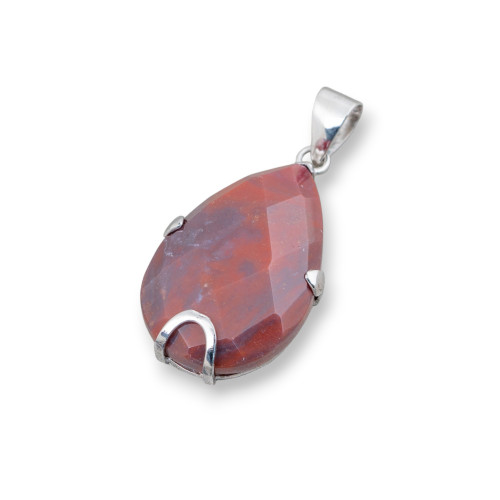 Pendant of 925 Silver and Semi-precious Stones Faceted Flat Drop 20x30mm - Red Indian Agate