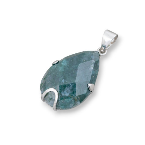 Pendant of 925 Silver and Semi-precious Stones Faceted Flat Drop 20x30mm - Moss Agate