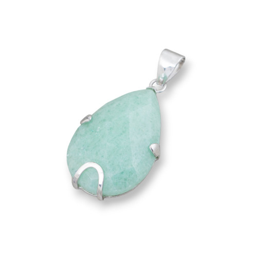 Pendant of 925 Silver and Semi-precious Stones, Faceted Flat Drop 20x30mm - Aventurine