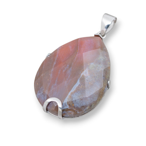 Pendant of 925 Silver and Semi-precious Stones Faceted Flat Drop 30x40mm - Indian Agate