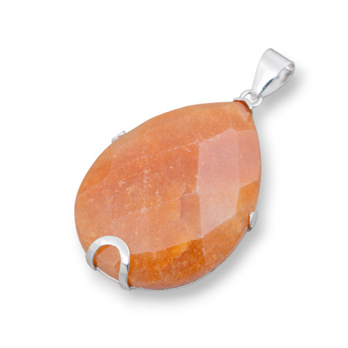 Pendant of 925 Silver and Semi-precious Stones, Faceted Flat Drop 30x40mm - Red Aventurine (Eosite)