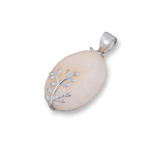 Pendentif en Argent 925 et Pierres Semi-précieuses Ovale Plat Facette 20x32mm Calcite