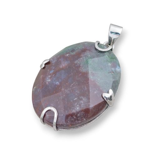 Pendant of 925 Silver and Semiprecious Stones Oval Flat Faceted 30x40mm Indian Agate