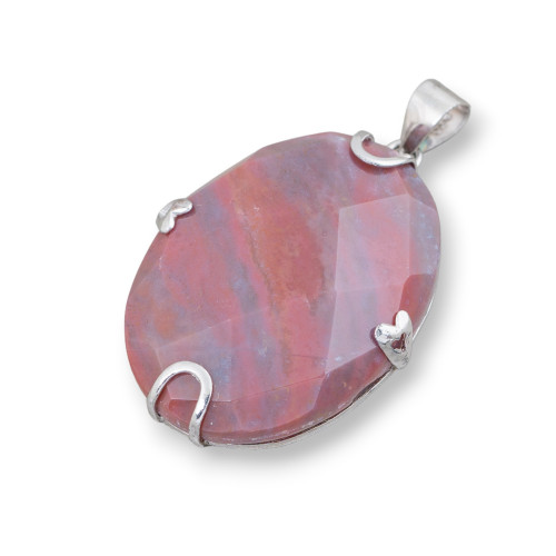 Pendant of 925 Silver and Semiprecious Stones Oval Flat Faceted 30x40mm Red Indian Agate