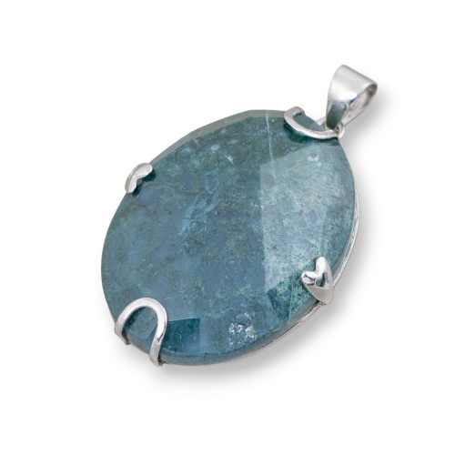 Pendant of 925 Silver and Semiprecious Stones Oval Flat Faceted 30x40mm Moss Agate