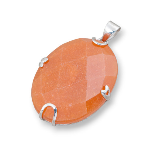 Pendant of 925 Silver and Semiprecious Stones Oval Flat Faceted 30x40mm Red Aventurine (Eosite)