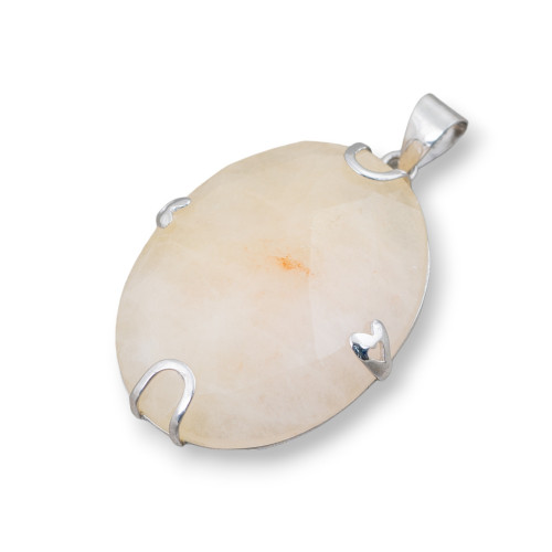 Pendant of 925 Silver and Semiprecious Stones Oval Flat Faceted 30x40mm Calcite