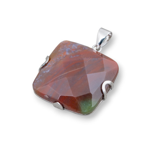 Pendant of 925 Silver and Semiprecious Stones Flat Square Faceted 30mm - Indian Agate