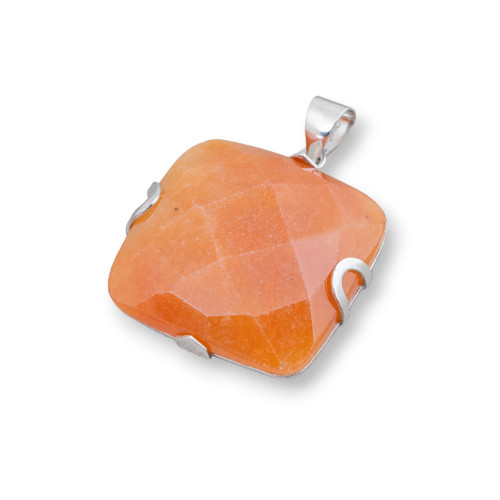 925 Silver and Semiprecious Stones Pendant Flat Square Faceted 30mm - Red Aventurine (Eosite)