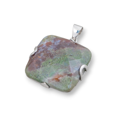 Pendant of 925 Silver and Semiprecious Stones Flat Square Faceted 30mm - Indian Agate