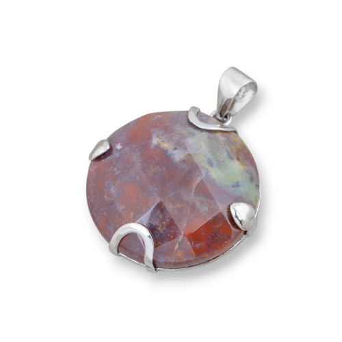 Pendentif Argent 925 et Pierres Semi-précieuses Rond Plat Facetté 30mm - Agate Indienne