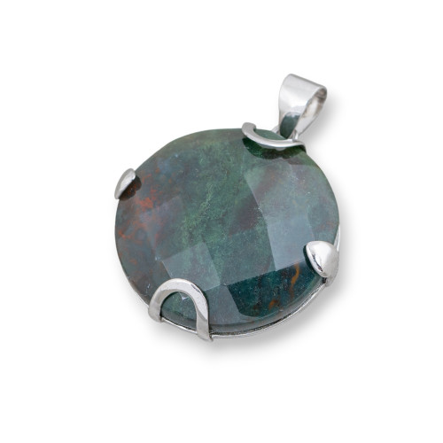 925 Silver and Semiprecious Stones Pendant Round Flat Faceted 30mm - Moss Agate