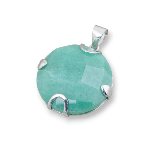 Colgante Redondo Plano Facetado Plata 925 y Piedras Semipreciosas 30mm - Aventurina Verde