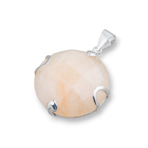925 Silver and Semiprecious Stones Pendant Round Flat Faceted 30mm - Calcite