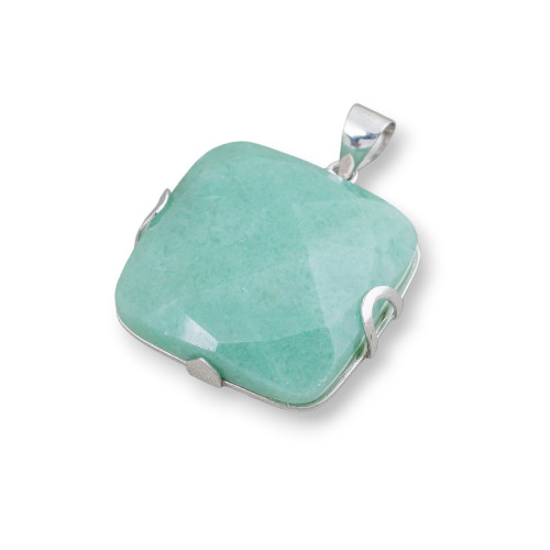 Pendant of 925 Silver and Semiprecious Stones Flat Square Faceted 30mm - Green Aventurine