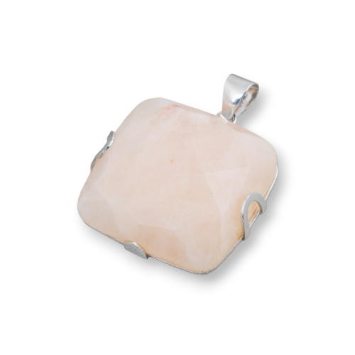 Pendant of 925 Silver and Semiprecious Stones Flat Square Faceted 30mm - Calcite