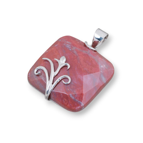 Pendant of 925 Silver and Semiprecious Stones Flat Square Faceted 30mm Mod2 Red Indian Agate