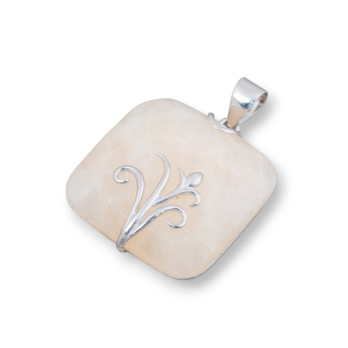 Pendentif en Argent 925 et Pierres Semi-précieuses Carré Plat Facetté 30mm Mod2 Calcite