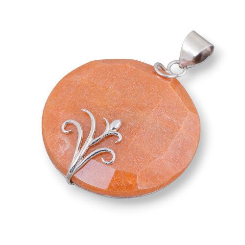 925 Silver and Semiprecious Stones Pendant Round Flat Faceted 40mm - Red Aventurine (Eosite)