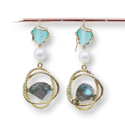 Bronze Lever Earrings With Cat's Eye Elements And River Pearls With Druziums and Semi-precious Aqua Stones