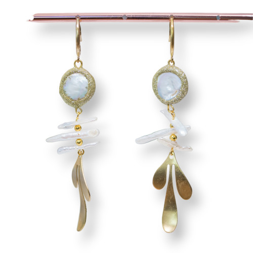 Bronze Hook Earrings With Glitter River Pearls And Bronze Leaves
