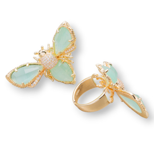 Anello Di Bronzo Con Occhio Di Gatto Ad Ape 31x45mm Misura Regolabile Dorato Verde Acqua