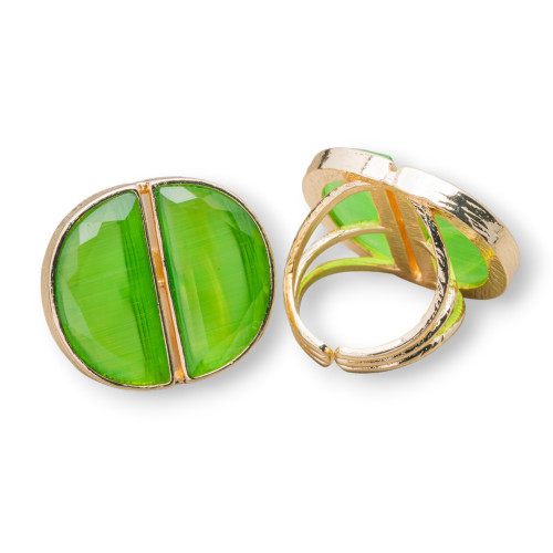 Anello Di Bronzo Con Occhio Di Gatto Doppia Mezzaluna 25x28mm Misura Regolabile Verde Chiaro