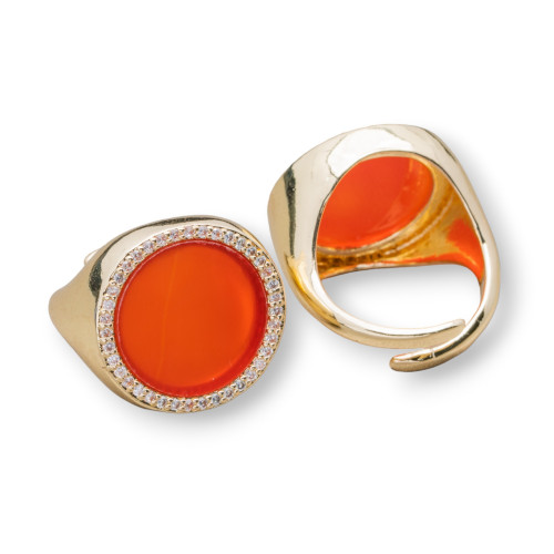 Bronze Ring With Natural Stone Plate With Zircons 20mm Adjustable Size Carnelian