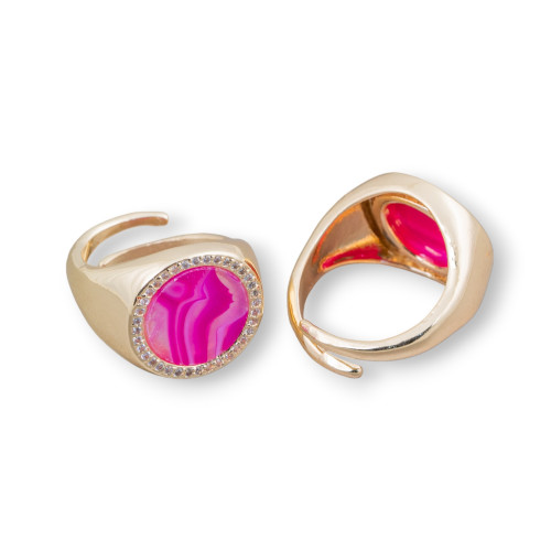 Bronze Ring With Natural Stone Plate With Zircons 16mm Adjustable Size Fuchsia Striated Agate