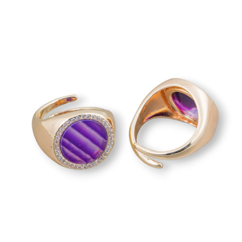 Bronze Ring With Natural Stone Plate With Zircons 16mm Adjustable Size Purple Striated Agate