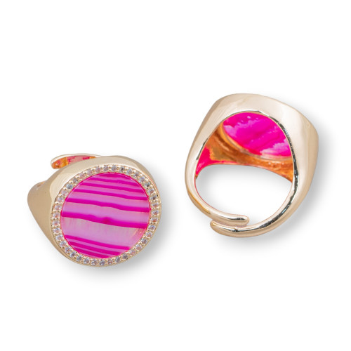 Bronze Ring With Natural Stone Plate With Zircons 20mm Adjustable Size Fuchsia Striated Agate