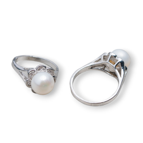 Rhodium-plated Bronze Ring And Freshwater Pearls 11.5x17mm