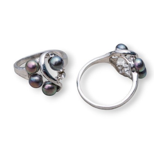 Ring aus rhodinierter Bronze und Süßwasserperlen mit 2 Lichtpunkten, 15 x 19 mm, schwarze Perlen