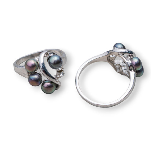 Rhodium-plated Bronze Ring And Freshwater Pearls With 2 Light Points 15x19mm Black Pearls