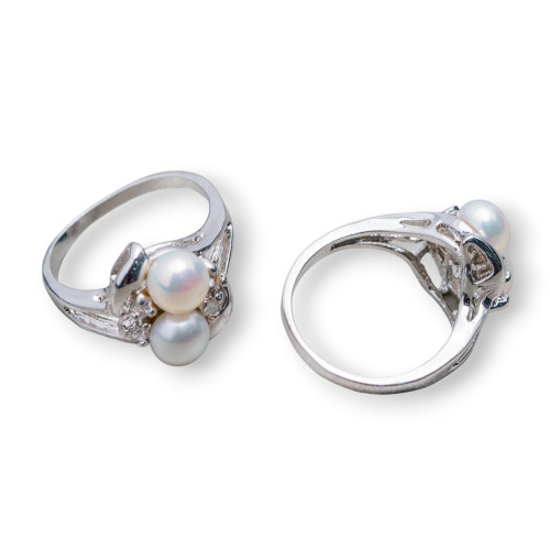 Rhodium-plated Bronze Ring And River Pearls With 3 Light Points 13x19mm