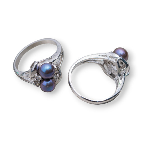 Rhodium-plated Bronze Ring and River Pearls with 3 Light Points 13x19mm Dark Gray
