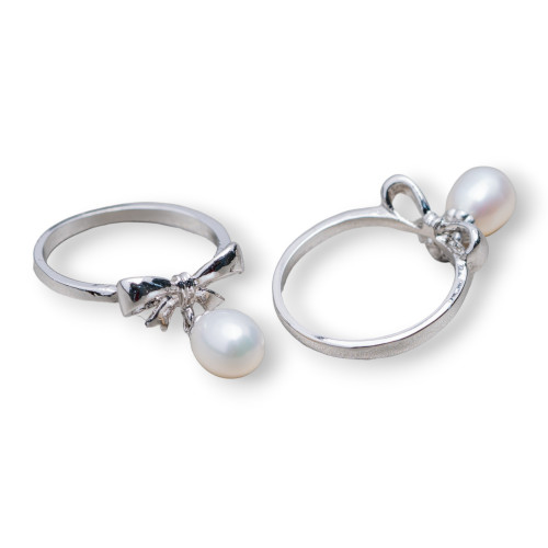 Rhodium-plated Bronze Ring And River Pearls With 3 Light Points 16x19mm