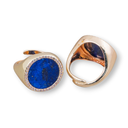 Bronze Ring With Natural Stone Plate With Zircons 20mm Adjustable Size Lapis Lazuli