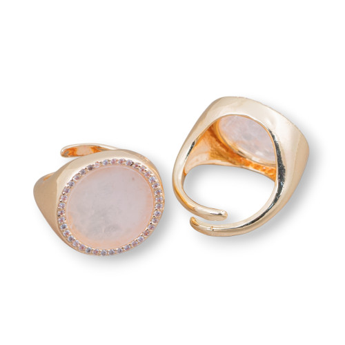 Bronze Ring With Natural Stone Plate With Zircons 20mm Adjustable Size Rose Quartz