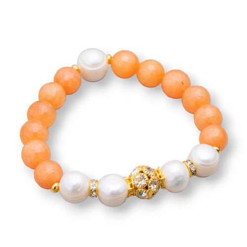 Bracciale Elastico Con Pietre Dure E Perle Di Fiume Con Centrale Sfera In Ottone E Zirconi 10-12mm Arancio