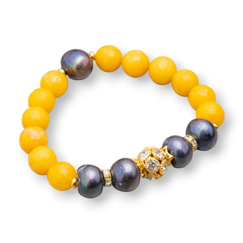 Elastic Bracelet With Semi-precious Stones And River Pearls With Central Brass Sphere And Zircons 10-12mm Yellow