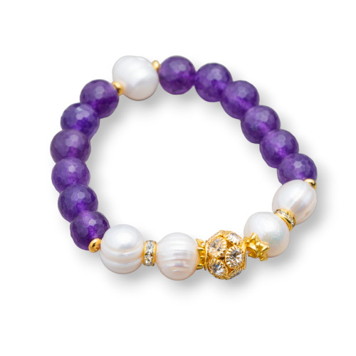Elastic Bracelet With Semi-precious Stones And River Pearls With Central Brass Sphere And Zircons 10-12mm Purple