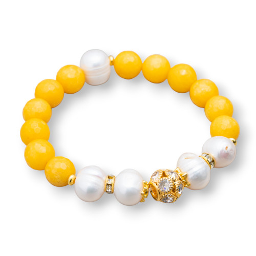Elastic Bracelet With Semi-precious Stones And River Pearls With Central Brass Sphere And Zircons 10-12mm Yellow
