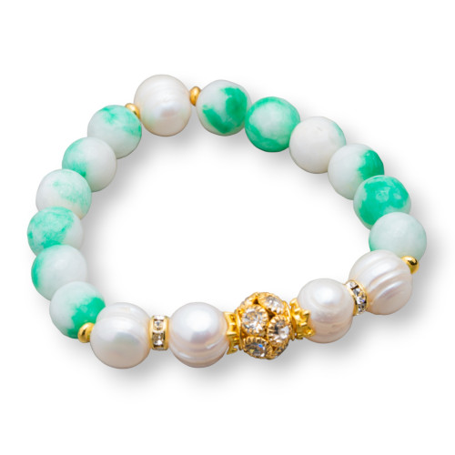 Elastic Bracelet With Semi-precious Stones And River Pearls With Central Brass Sphere And Zircons 10-12mm Green White Mix